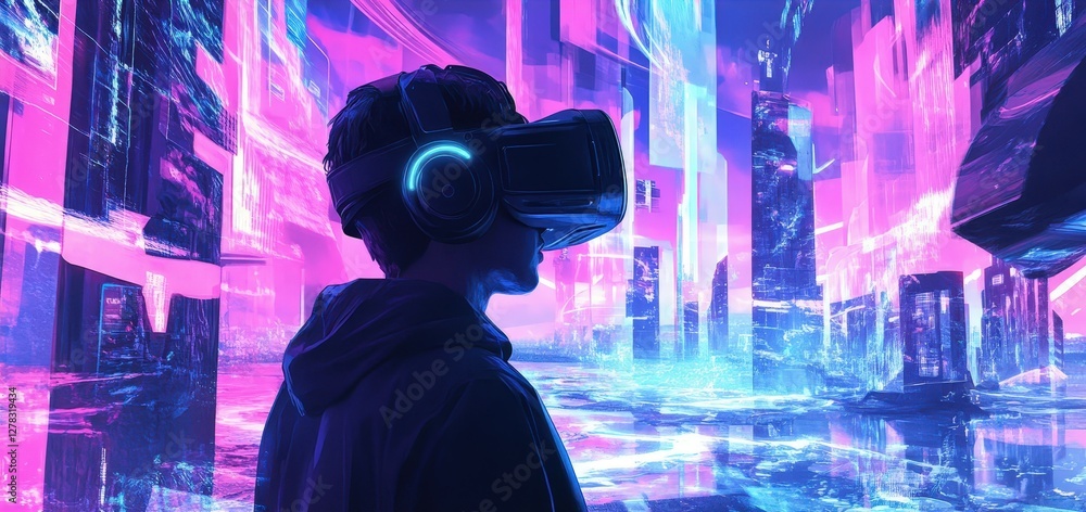 Poster a game developer working on a vr simulation, wearing a headset and surrounded by futuristic digital 