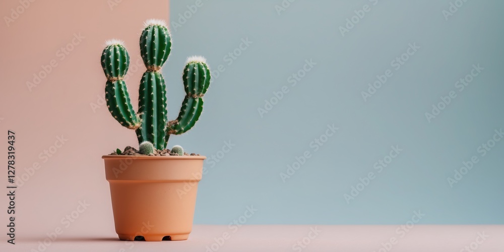 Aufkleber cactus plant in terracotta pot against a pastel color background with ample space for branding and t