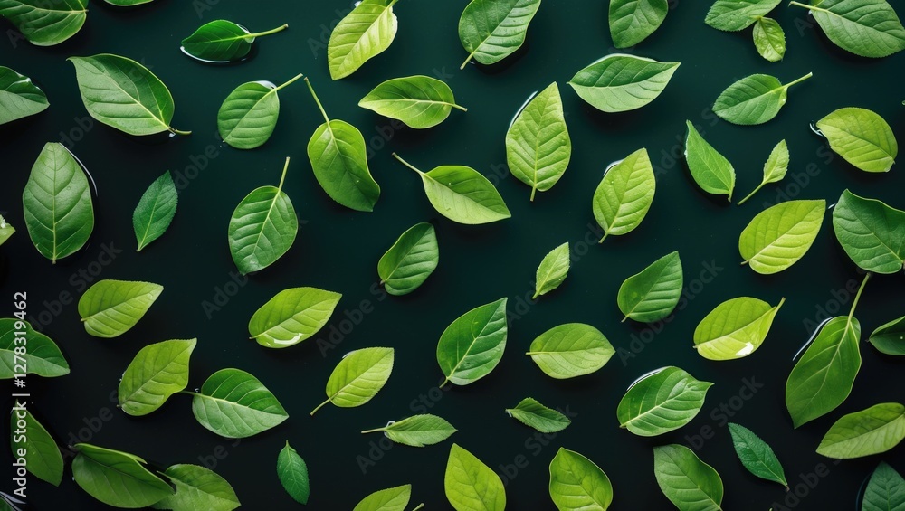 Poster fresh green leaves floating on dark water surface creating a natural and tranquil background with sp