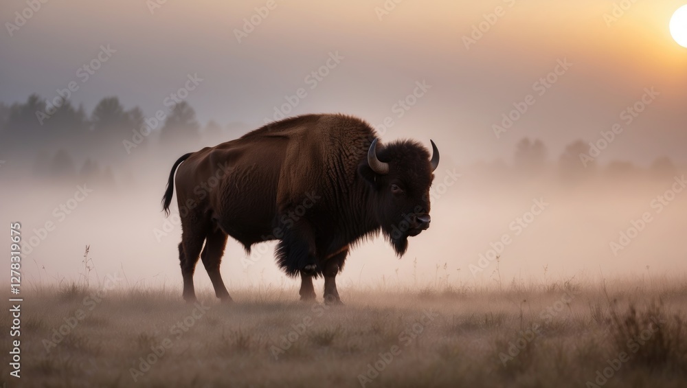Poster bison standing in misty field at sunrise with soft light creating a tranquil atmosphere in the early