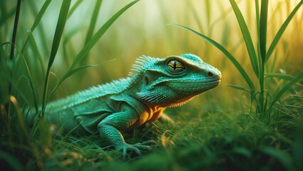 Fototapeta premium Macro Shot of a Vibrant Green Lizard Resting Among Lush Grass Bathed in Soft Golden Light in a Serene Natural Setting