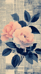Vintage floral newspaper texture background, with peonies and roses
