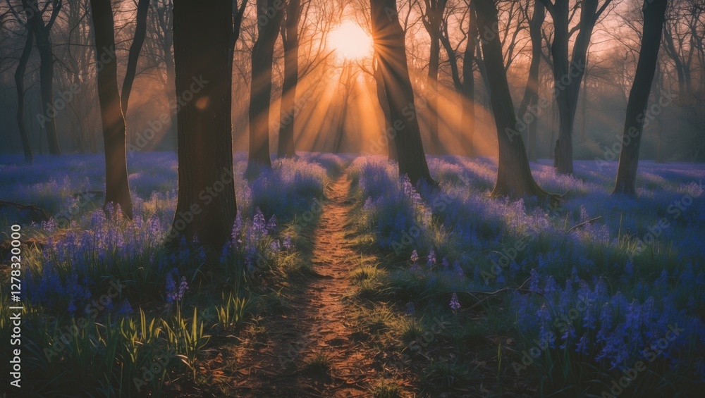 Poster sunrise over bluebell woods with long shadows and soft light creating a serene pathway for text inte