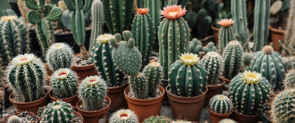 Poster diverse collection of cacti in various pots displayed in a vibrant garden setting