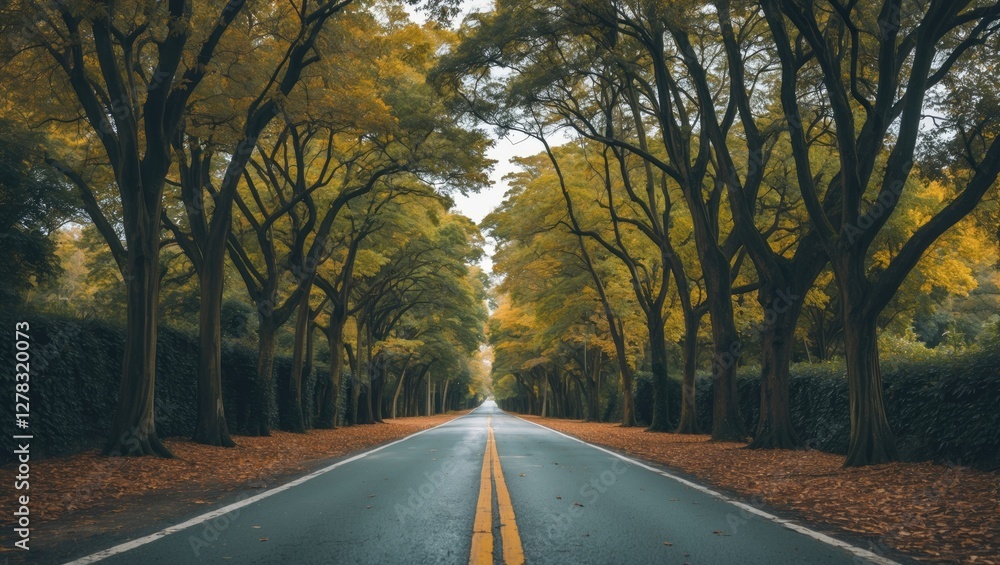 Poster scenic tree lined road with empty copy space for text in autumn landscape and tranquil atmosphere