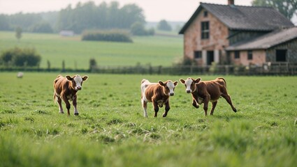  Calves frolicking in a meadow with a large farmhouse in the background, capturing the charm of rural spring life