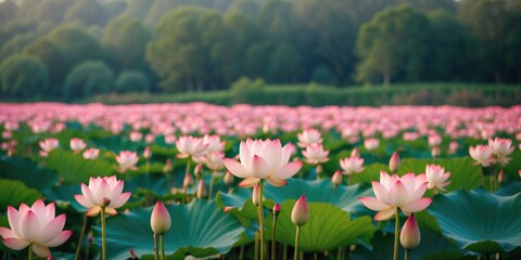 Lotus Blossom Fields with Scenic Greenery and Space for Text Overlay