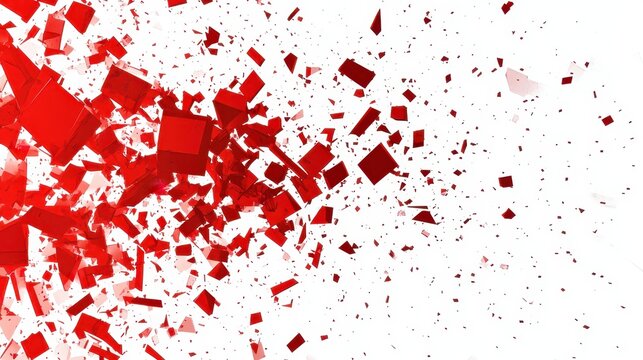 Abstract composition featuring vibrant red geometric shapes exploding against a clean white background, creating a dynamic sense of movement.