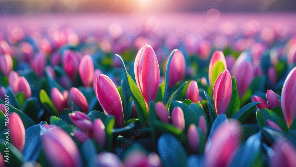 Poster vibrant spring tulips in bloom with beautiful soft focus background and space for text or messages