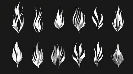 A striking collection of elegant flame designs, showcasing various shapes and sizes in white against a dramatic black background.