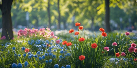 Vibrant Flower Garden Scene with Colorful Blooms and Lush Greenery Create a Serene Atmosphere with Space for Text Overlay