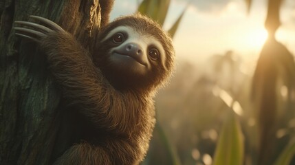 Fototapeta premium Cute smiling sloth climbing tree in lush green tropical setting