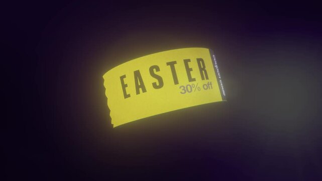 Animated Easter discount coupon with a flying paper effect on a glowing dark background. The bold yellow and black color scheme enhances the dynamic motion for a striking promotional look.