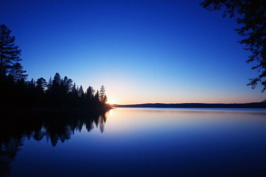 Lake at sunrise or sunset trees reflection horizon
