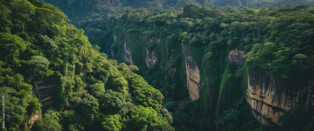 Poster aerial view of vibrant rainforest clinging to cliffside with ample copy space for text and stunning 