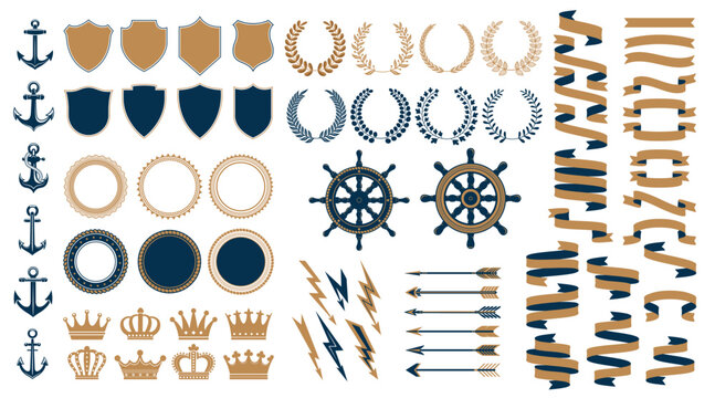 Marine navy heraldic elements. Vector ship anchors, nautical wheels and helms, vintage shields, laurel wreaths and round seal frame borders. Heraldry ribbon banners, crowns, arrows and lightning bolts