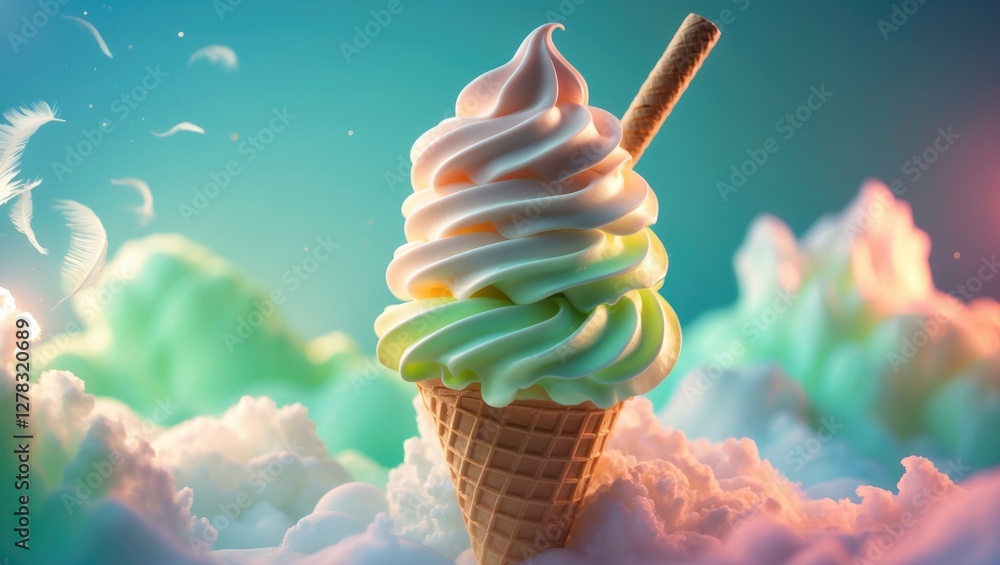 Poster colorful soft serve ice cream cone surrounded by fluffy clouds and soft lighting creating a dreamy d