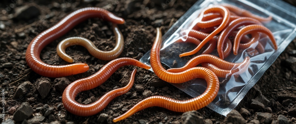 Poster macro closeup of red wigglers and earthworms in soil with packaging and blank space for text in gard