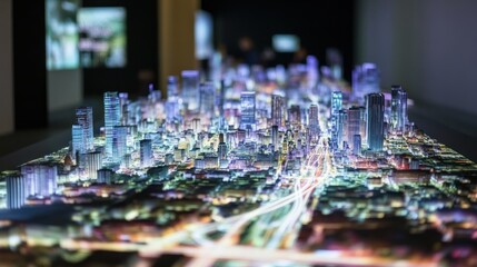 Futuristic metropolis model illuminated, showcasing urban planning concept