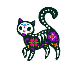 Mexican day of the dead cat animal tattoo with decorative floral patterns and skeleton bones. Vector sugar skull inspired by culture and tradition of Mexico, symbolizing remembrance of feline pets