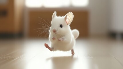 Cute White Chinchilla Running Cheerfully in Bright Interior Space