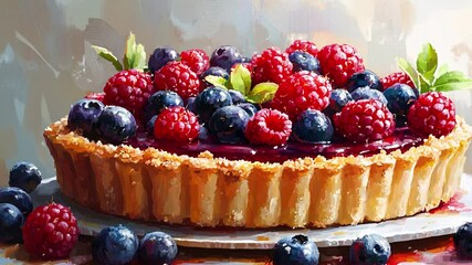 a mixed berry tart with glossy berries on a golden crust, paired with a drizzle of syrup and soft brushstroke - Powered by Adobe