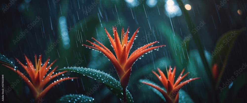 Poster vibrant tropical flower displaying dew under rainy macro photography with atmospheric background and