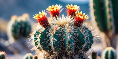 Spiky and Fluffy Cactus Blooming with Vibrant Flowers on Blurred Natural Background Macro Photography with Space for Text