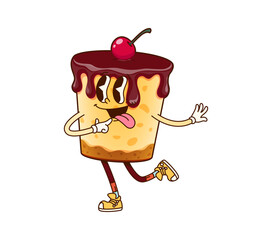 Groovy cake character, fun and quirky vector biscuit dessert personage with a cherry on top and chocolate dripping down, exuding a sense of joy and playfulness, ready for party celebrations