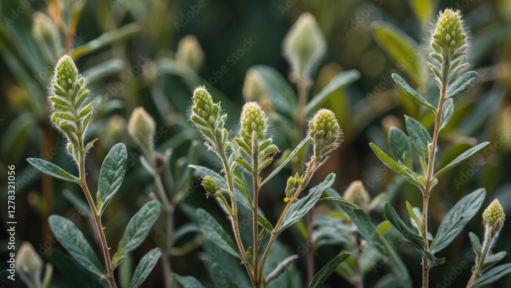 Aufkleber macro view of vibrant wild plants with soft green buds and nature background for text placement and 