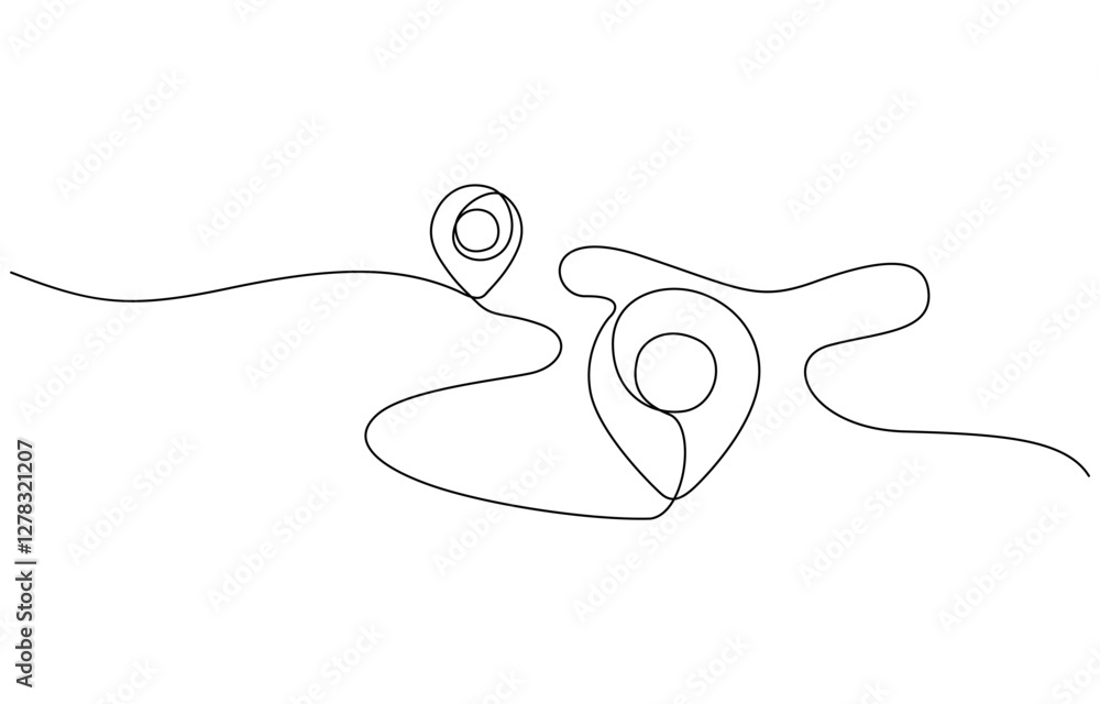 Fototapete continuous single line drawing of path and location pointers, vector illustration of two geolocation