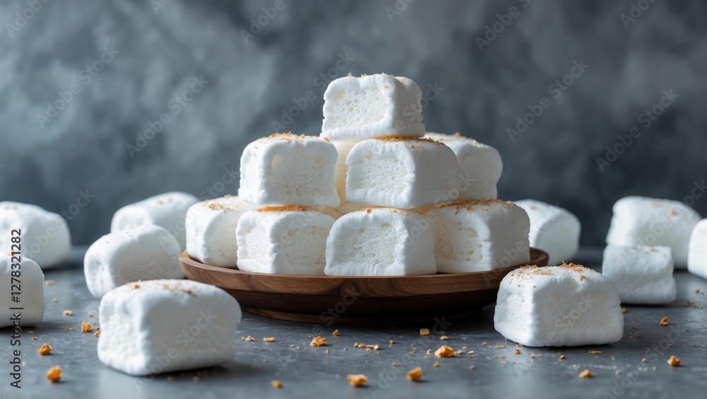 Poster marshmallow stack on wooden plate with empty space for text and attractive background ideal for swee