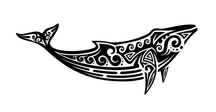 Tribal whale tattoo inspired by maori art, featuring intricate curves and patterns. Isolated vector black ink majestic whale, symbol of marine nature, evoking cultural and spiritual significance