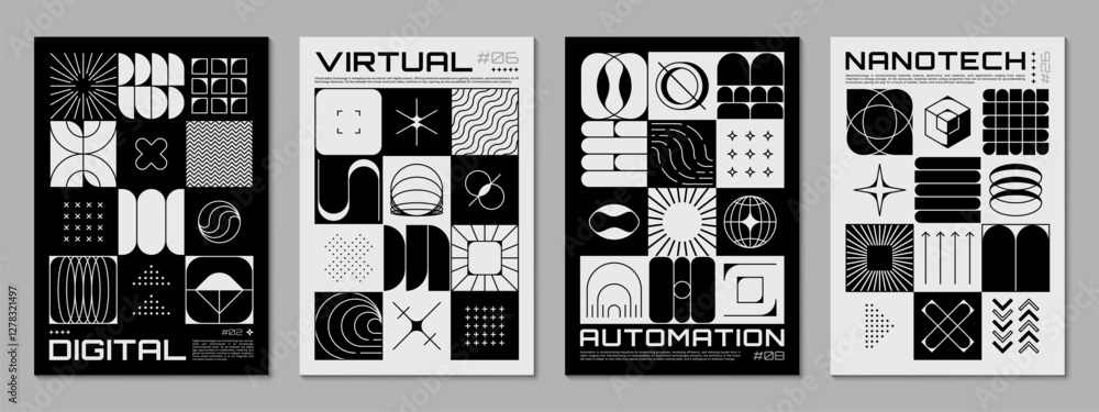 Poster retro brutal y2k posters of abstract geometric shapes and figures grid pattern. vector aesthetic gra