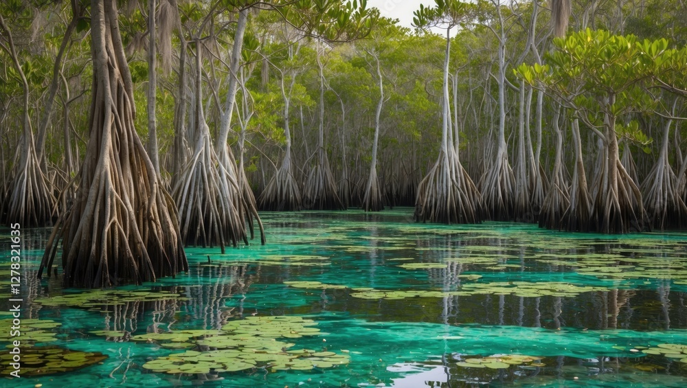 Poster lush mangrove ecosystem in serene lagoon with vibrant water and empty space for custom text or capti