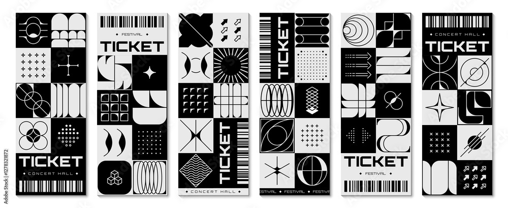 Aufkleber ticket templates in retro brutal style with vector grid pattern of abstract geometric shapes, aesthe