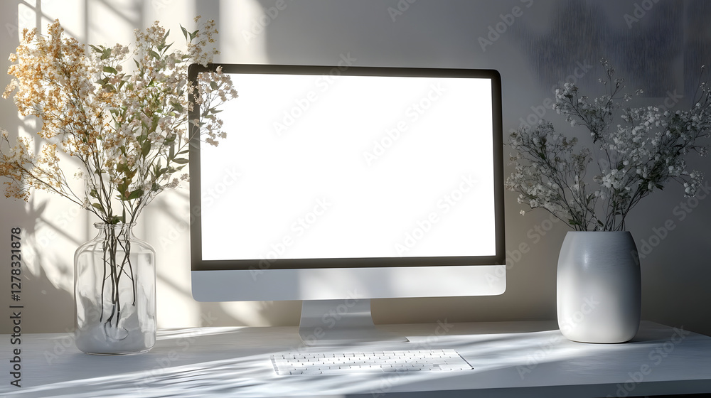 Poster a computer monitor with an empty white screen stands on a table next to a vase of flowers. a mockup 