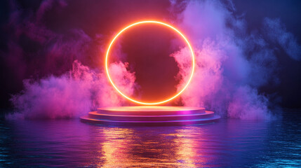 Naklejka premium Futuristic stage with neon light circle frame and podium on water surface. Empty studio interior with round platform, glow ring and smoke with sparkles, vector realistic illustration