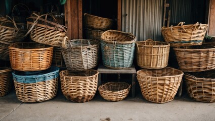 Wooden Baskets of Various Sizes Displayed Together with Space for Text in a Rustic Setting