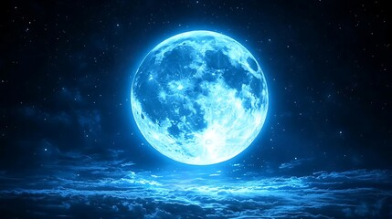Blue Moon, night sky, clouds, stars, ethereal glow