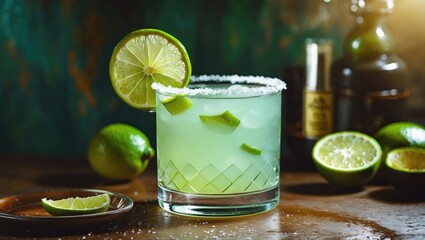 Fototapeta premium Refreshing Margarita Cocktail with Limes and Salt on Rim Surrounded by Fresh Limes and Wooden Plate for Text Space and Product Promotion