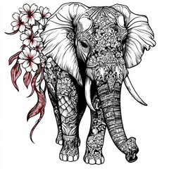 Obraz premium Ornate Elephant with Cherry Blossoms A Detailed Ink Drawing