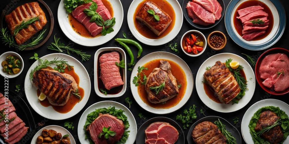 Poster assorted meat dishes displayed on plates with garnishes and sauces top view culinary presentation wi