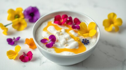 A vibrant bowl of white pudding with a golden sauce and edible flowers, presented beautifully on white.