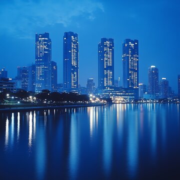 Fototapeta Night city skyline, waterfront reflection