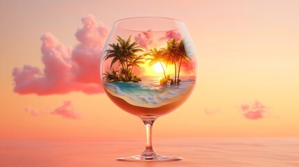 Sunset reflecting within wine glass, pink tropical clouds mirroring coastal landscape, suggesting luxurious wanderlust