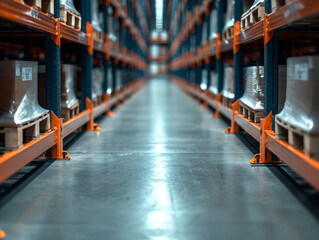 Organized aisles in logistics warehouse with visible pallets and shelves