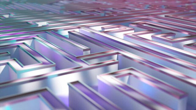 Metallic surfaces form a complex labyrinth structure, reflecting light and creating an abstract, animated visual experience with changing colors