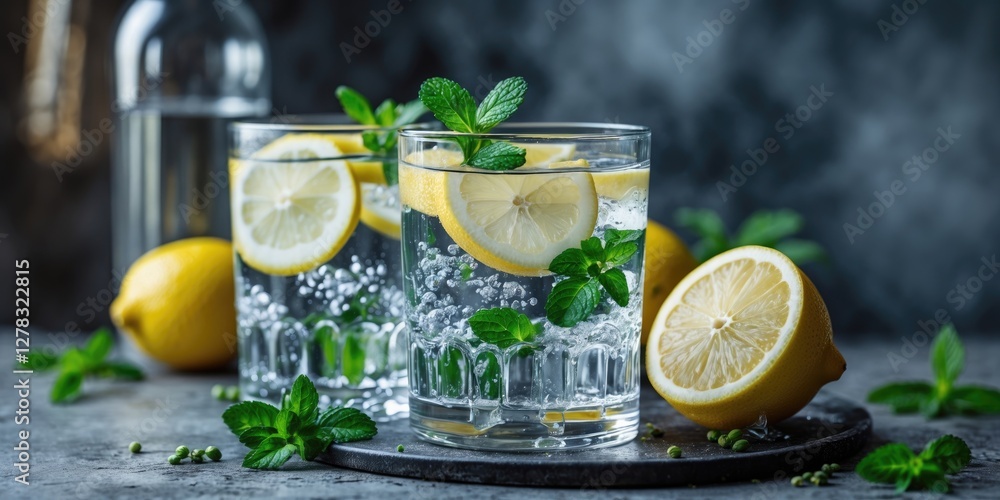 Poster refreshing mineral water with lemon slices and fresh mint garnish on stone table with copy space for