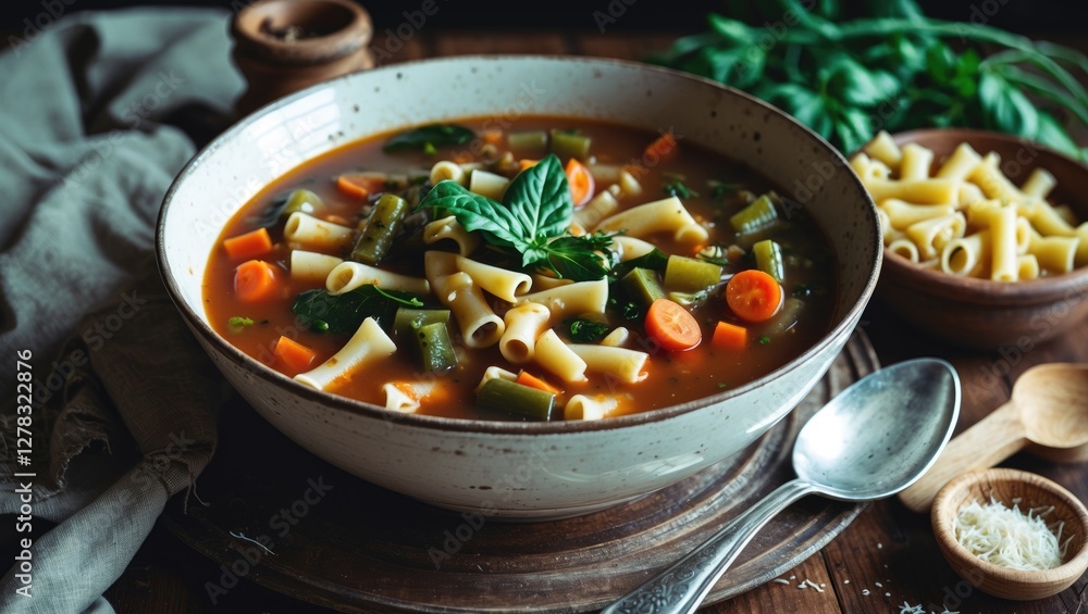 Poster hearty minestrone vegetable soup with pasta served in a rustic bowl garnished with fresh basil on a 